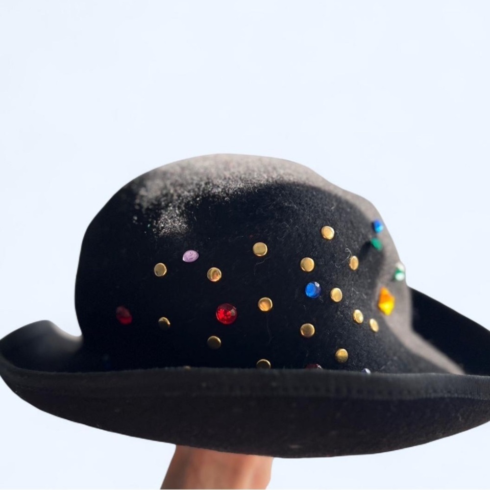 80s‎ Vintage Black Wool Felt Fedora Multi-Colour Rhinestone Wide Brim